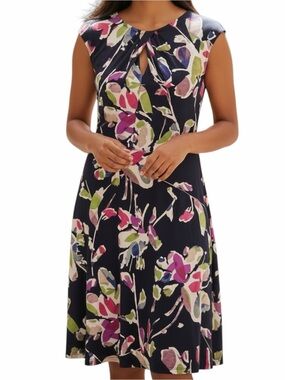 Wisp Petites Slinky Knit Dress Key Hole Pleated Floral Black Pink 2P